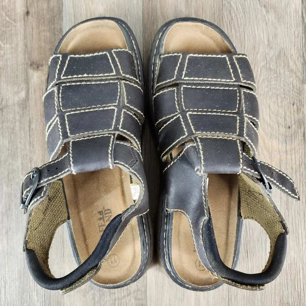Wolfe Island Y2K Mens 11 Open Toe Chunky Brown Leather Fisherman Sandals Comfort
